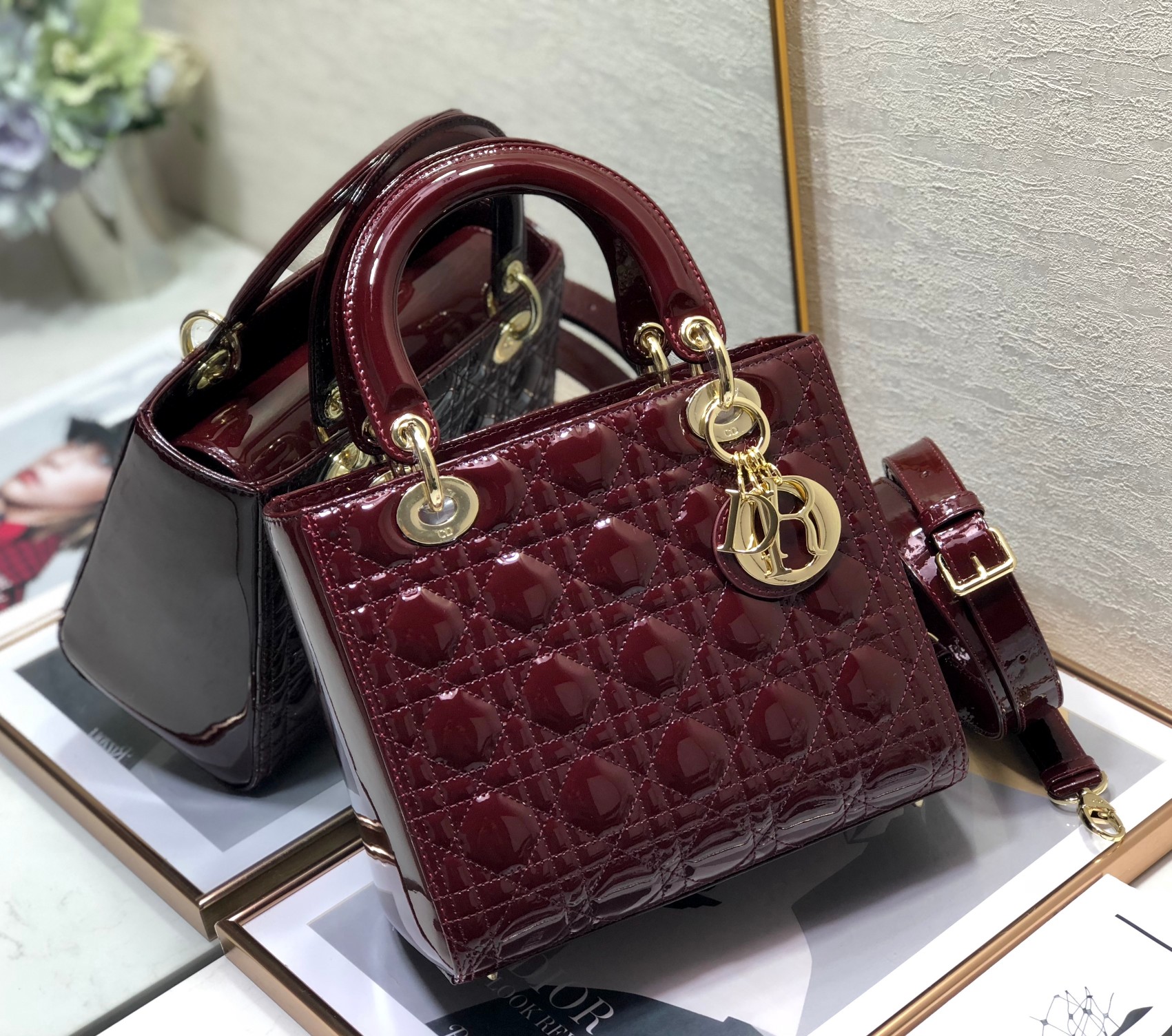 Medium Lady Dior Bag Burgundy Patent Cannage Calfskin